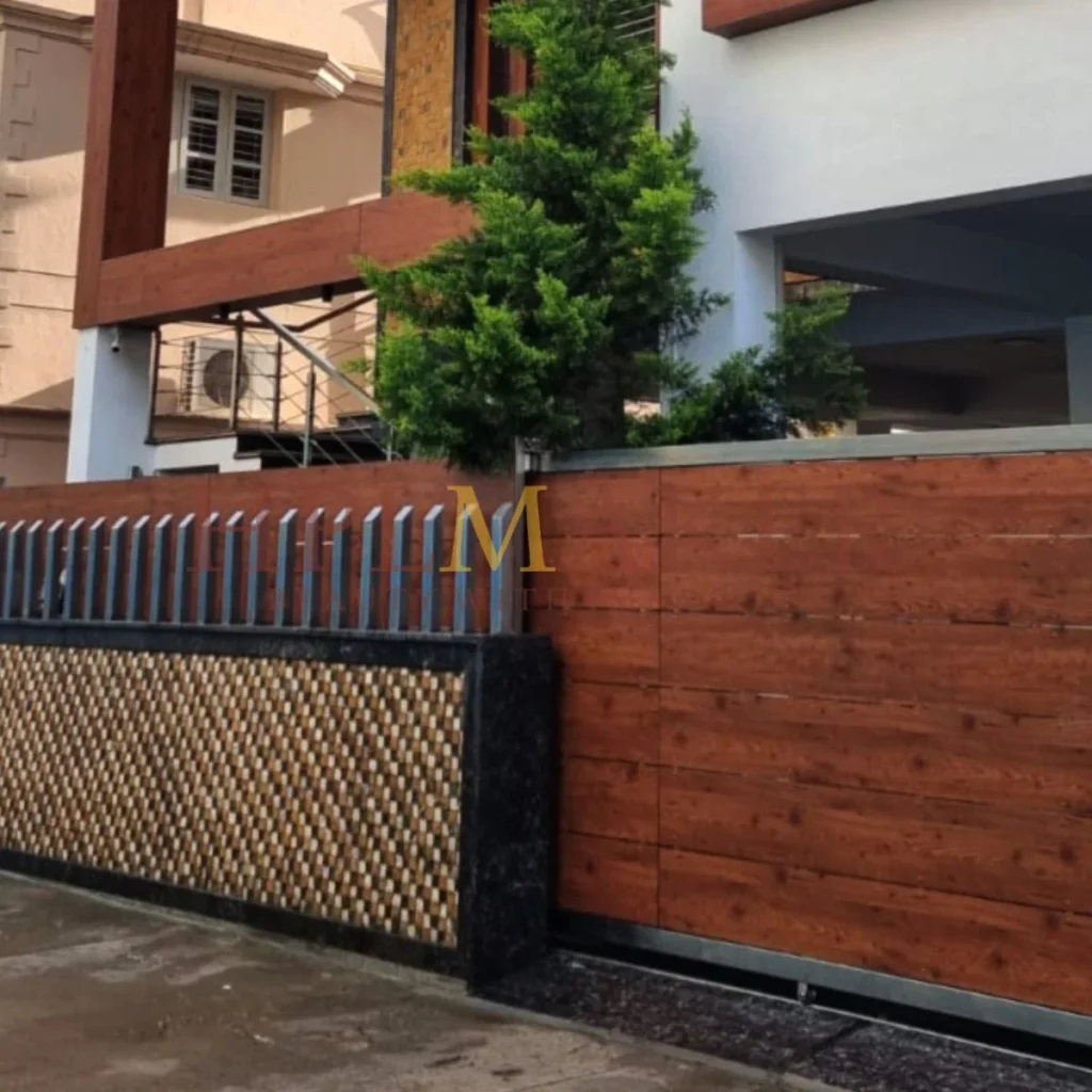 Modern luxury home facade with wood-finish HPLMaker exterior panels.