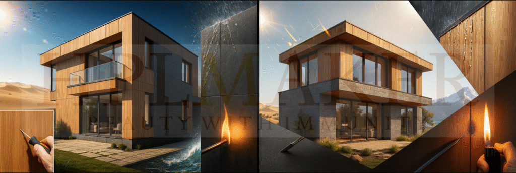 Premium HPLSheets exterior wall cladding showing UV, water, scratch, and fire resistance in a modern villa design