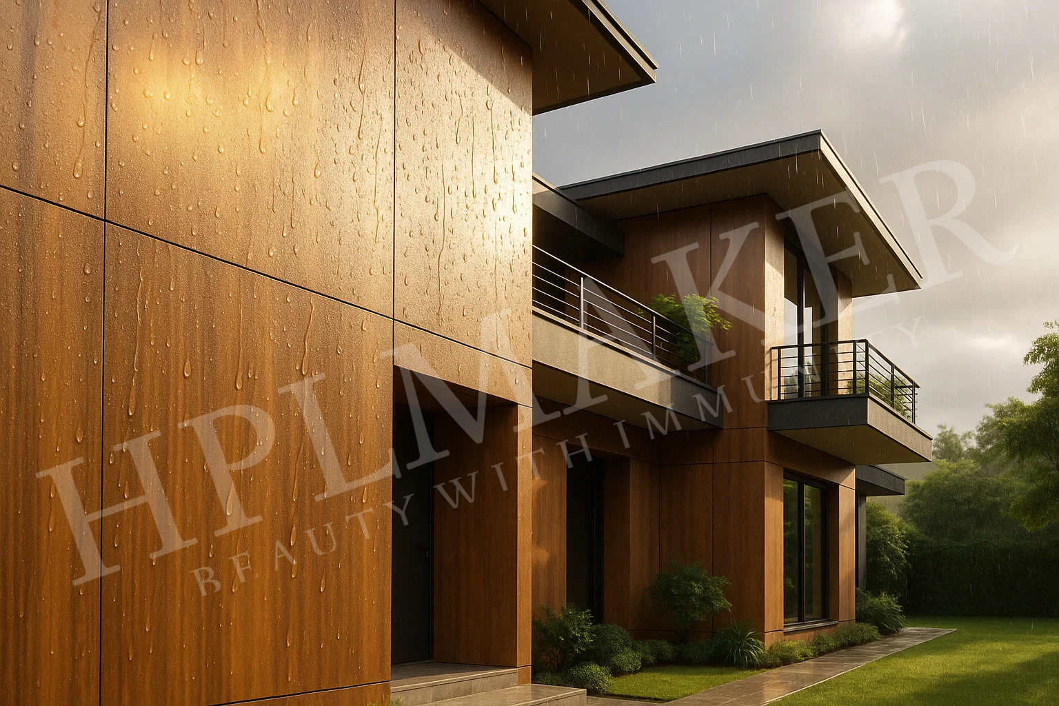 All-weather exterior HPL sheets by HPLMaker protecting home from sun and rain