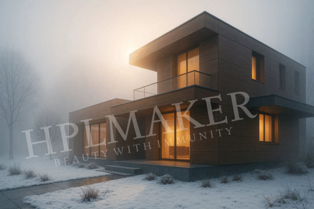 HPLMaker exterior sheets protecting walls from winter fog and moisture