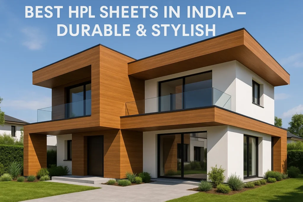 Modern Indian villa exterior with HPLMaker wood-finish HPL sheets