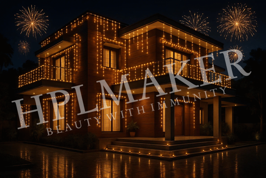 Modern home exterior decorated for Diwali with HPL sheets and fireworks in the background”