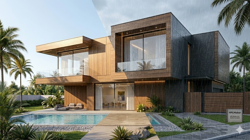 Modern Indian house exterior facing harsh sunlight and heavy rain